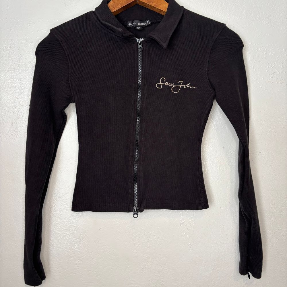 Sean‎ John x Missguided 4 Embroidered Logo Ribbed Black Long Sleeve Zip Up Top